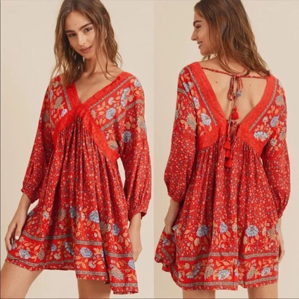 ✨
Cherry Red Floral BOHO Deep V Neck Tassel Tie Low Back Tunic Mini Dress✨